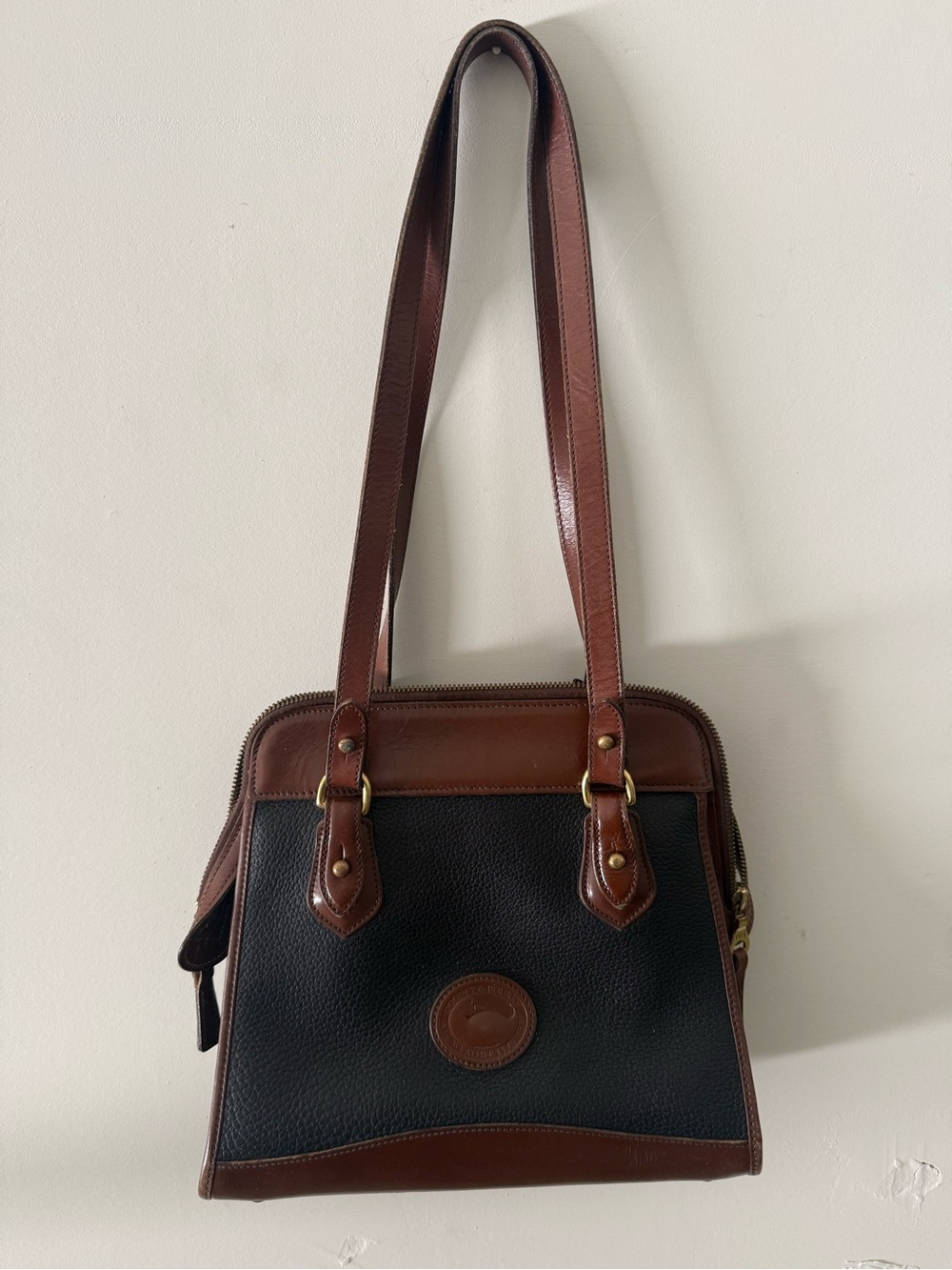 Vintage Dooney & Bourke Black and Brown Pebbled Leather Shoulder Bag